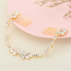 Peigne à cheveux élégant pour mariée avec strass marquises étincelants et chaîne dorée