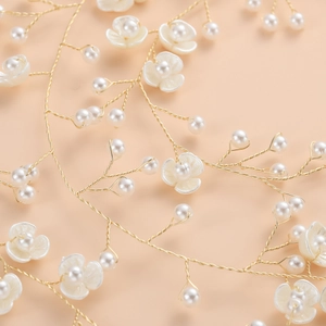 Handmade bridal headband with gold wires, white pearls and delicate floral ornaments