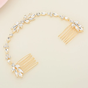 Détails du peigne à cheveux de mariée avec feuilles d'or champagne et strass brillants