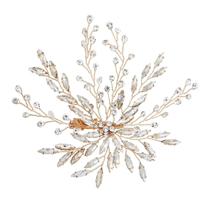 Exquisite bridal hair clip with gold wire branches and sparkling clear crystal leaves