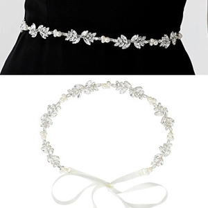 Detail of luxury bridal belt featuring marquise rhinestones, pearls, and white silk ribbons
