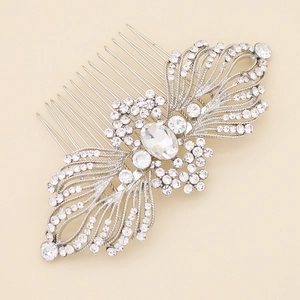 Elegant silver bridal hair comb with shimmering rhinestones in a vintage leaf design