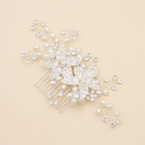 Peigne à cheveux de mariée argenté avec fleurs en cristal et perles blanches pour mariage