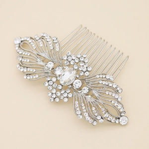 Silver alloy bridal hair comb with rhinestone wing patterns and central crystal
