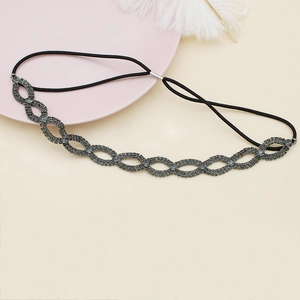Sparkling crystal infinity bridal headband with grey rhinestones on black elastic band