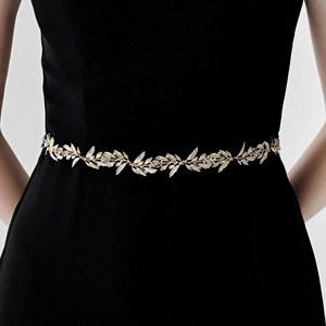 Elegant Leaf Motif Rhinestone Wedding Belt For Women Gold Silver Alloy Waist Chain With Ribbon For Bridal Gown Party Accessories