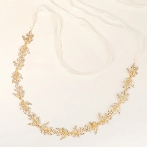 Bridal gold leaf waist belt with rhinestones and white chiffon ribbon for wedding dresses