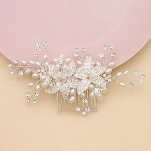Peigne à Cheveux Fleur de Mariée Alliage Strass Imitation Künstliche Perle Coiffe de Mariage Élégant Peigne Floral pour Femmes Bijoux de Fête