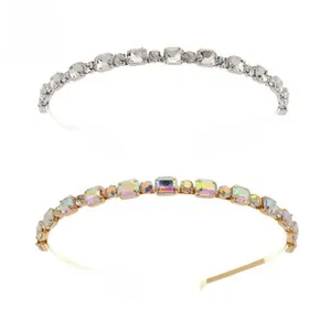 Detail of silver and gold headbands with sparkling square and round crystal rhinestones