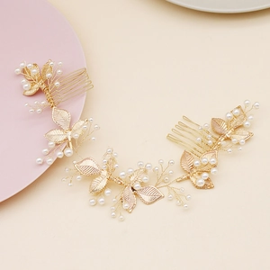 Détails du peigne à cheveux de mariée fait main doré avec feuilles et perles blanches