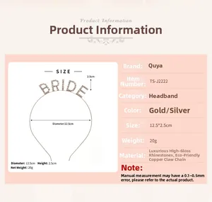 Detail of BRIDE rhinestone headband with 12.5cm diameter and 2.5cm letter height