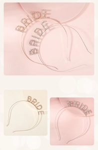 Close-up detail of gold and silver BRIDE rhinestone headbands for wedding party attire