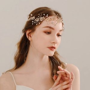 Serre-Tête de Mariée Fait Main Strass Künstliche Perle d'Imitation Feuille en Alliage Cristal Accessoires de Mariage pour Femme Fête Couronne