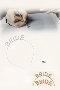Detail showing the sparkling rhinestone BRIDE lettering on a silver alloy bridal headband