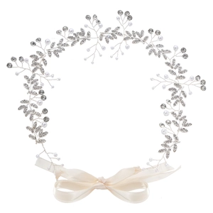 Bandeau de mariée fait main avec feuilles de cristal argenté, perles et rubans satin