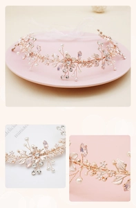 Détail macro du bandeau de mariée floral en or rose avec cristaux et perles
