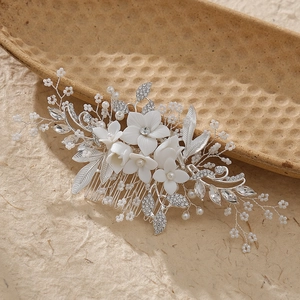 Handmade bridal hair comb with ceramic flowers, pearls and crystals in silver finish