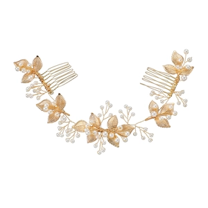 Peigne à cheveux de mariée avec feuilles en métal doré et perles blanches de mariage