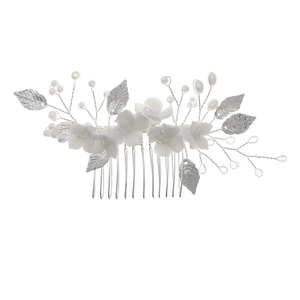 Elegant bridal hair comb with white ceramic flowers, pearls, and silver leaves decor