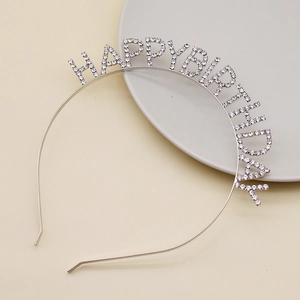 Cerchietto HAPPY BIRTHDAY con strass argento su vassoio in ceramica per festa compleanno