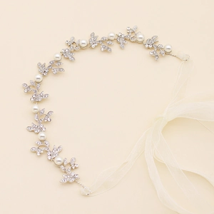 Elegante vite per capelli da sposa in argento con perle, strass e nastro d'organza