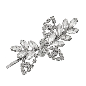 Barrette à cheveux élégante en métal argenté avec strass brillants en forme de fleur