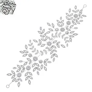 Detail of silver rhinestone floral headband with shimmering leaf design for weddings