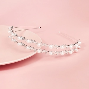 Serre-tête Élégant en Künstliche Perles à Plusieurs Rangs Alliage Argent Feuille Strass Accessoires de Cheveux Mariage pour Femmes Bijoux