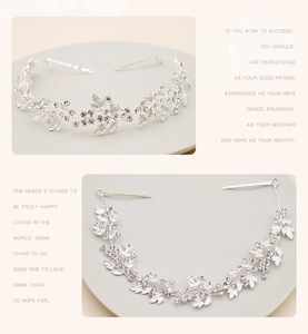 Detailed view of silver leaf bridal headband with sparkling rhinestones and floral design