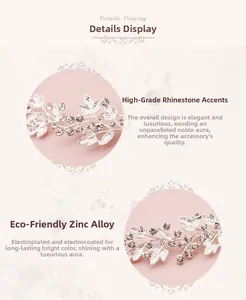 Detailed view of silver rhinestone leaf headband showing electroplated zinc alloy texture