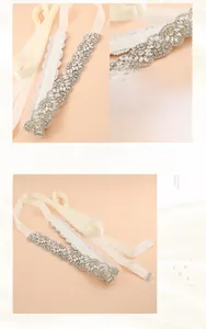Detail of handcrafted rhinestone bridal belt with ivory silk ribbon and silver claw chain