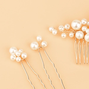 Set da 3 pezzi per capelli da sposa con filo dorato ed eleganti perle bianche
