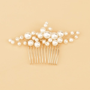 Pettine per capelli da sposa con perle bianche fatte a mano e design dorato