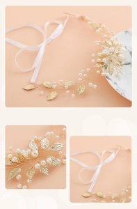 Vue détaillée du serre-tête de mariée fait main avec feuilles dorées, perles et rubans blancs