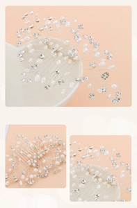 Detail of handmade silver bridal hair comb with freshwater pearls and sparkling crystals