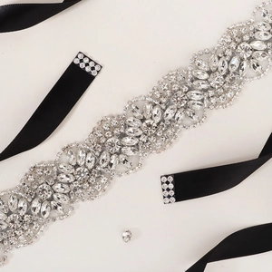 Elegant crystal rhinestone bridal sash with black satin ribbon for wedding dresses