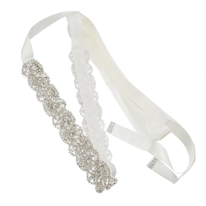 Elegant bridal sash with wavy sparkling rhinestones and white satin ribbon for dresses