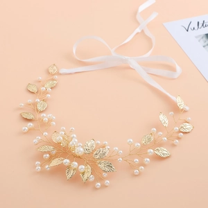 Bandeau de Mariée Fait Main Feuille d'Or Künstliche Perle d'Imitation Coiffe de Mariage Élégant Vintage Vigne à Cheveux Avec Ruban Femme