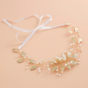 Bandeau de mariée fait main avec feuilles dorées, perles et ruban en soie blanc
