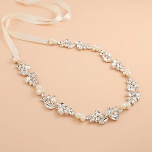 Elegant bridal waist chain with marquise rhinestones and pearls on ivory satin ribbon