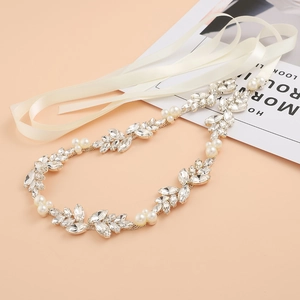 Elegant bridal belt with marquise rhinestones and pearls on ivory satin ribbon