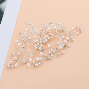 Handmade bridal hair comb with freshwater pearls and crystals on silver wire