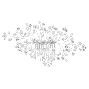 Handmade freshwater pearl bridal hair comb with rhinestones on a silver floral vine
