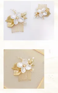 Détails du peigne à cheveux doré fait main avec fleur blanche et perles nacrées