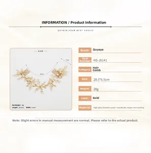 Detailed view of handmade gold hair comb with pearls and dimensions of 28.5cm by 6.5cm