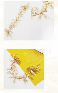 Detailed close-up of handmade gold bridal hair comb with pearls and leaf patterns