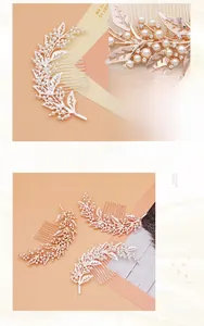 Close-up of pearl leaf hair comb with rose gold and silver alloy bridal hair jewelry