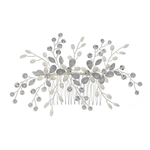 Elegant silver hair comb with rhinestones and white pearls for bridal wedding hairstyles