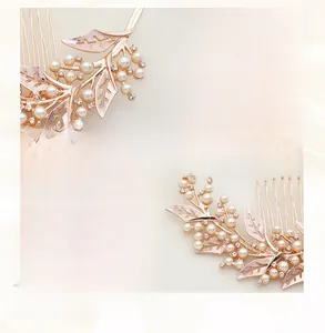 Detail of rose gold pearl hair comb featuring handcrafted wire and sparkling rhinestones