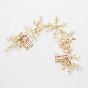 Handmade Bridal Hair Comb Gold Alloy Leaf Faux Artificial Pearl Rhinestone Vintage Wedding Headpiece Party Hair Accessories For Women